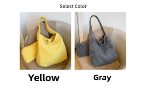 Detail of wool-like tote bag set including large handbag and matching zipper pouch
