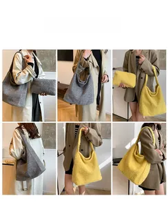Detail view of large grey wool tote bag with matching inner zipper pouch for women