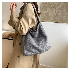 Detail of grey wool-like large shoulder bag showing thick texture and soft hobo shape
