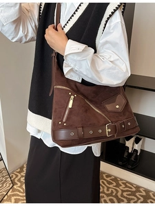 Women Retro Moto Style Hobo Bag Large Capacity Frosted PU Leather Crossbody Shoulder Bag With Rivet Zipper Belt Buckle