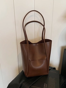 Women Minimalist Large Capacity PU Leather Tote Bag Vintage Bucket Shoulder Bag With External Pocket Office Daily Wear