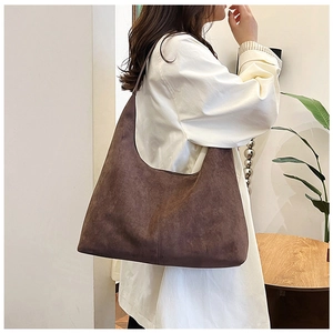 Brown frosted PU leather Hobo shoulder bag with vertical stitching and wide strap