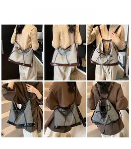 Detailed view of large capacity tweed tote bag showing shoulder and crossbody wear styles