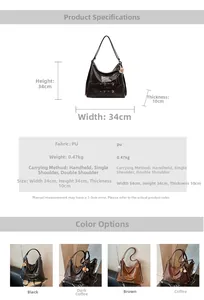 Detailed size specifications and utility views of the large PU leather tote bag with pompom