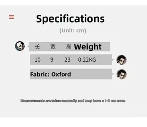 Spécifications détaillées du sac bandoulière en tissu Oxford avec dimensions et poids