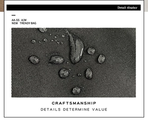 Vue détaillée du tissu oxford noir imperméable avec gouttes d'eau claires sur la surface