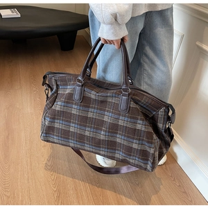 Grand sac de voyage à carreaux avec poignées en cuir et bandoulière réglable amovible