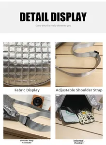 Nahaufnahme der silbernen Stepptasche mit verstellbarem Gurt und Innentasche im Detail