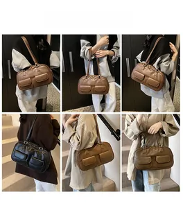 Detailed views of vintage textured PU leather tote bag with double front flap pockets