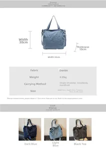 Size guide for large denim tote bag showing dimensions 35x30x10cm and denim fabric details