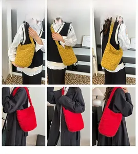Detailed views of plush faux fur bucket bags in ginger yellow and vibrant red colors