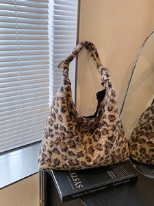 Women Leopard Print Faux Fur Shoulder Bag Plaid Plush Tote Bag Autumn Winter Large Capacity Casual Commuter Hobo Bag Knot Strap