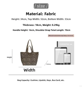 Size chart showing leopard print canvas tote bag dimensions and item capacity details