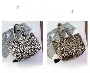 Macro detail of leopard print tote bags in white and khaki showing high capacity fabric