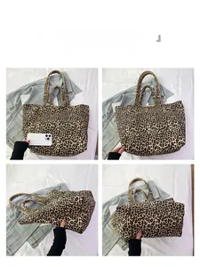 Four-angle detail of large leopard print corduroy tote bag showing handles and capacity