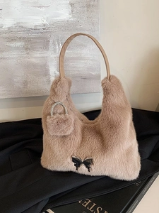 Women Faux Fur Underarm Bag Large Capacity Plush Handbag Retro Furry Shoulder Bag With Butterfly Buckle For Autumn Winter