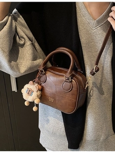 Women Retro PU Leather Small Boston Bag With Plush Charm Geometric Stitching Handbag Fashion Daily Crossbody Bag For Ladies