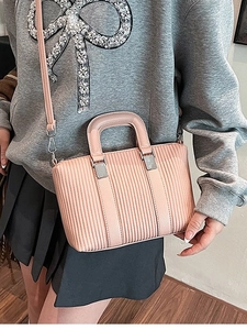 Fashion Vertical Pleated PU Leather Bucket Bag For Women Vintage Shoulder Crossbody Bag With Top Handle Silver Hardware Daily Handbag