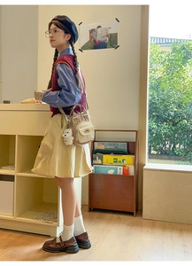 Japanese style canvas crossbody bag with cute white bear plush pendant detail