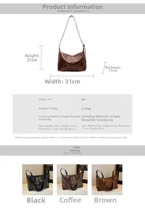 Guide des tailles pour sac bandoulière en similicuir avec dimensions et coloris