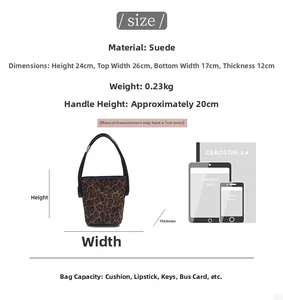 Size chart for leopard print suede bucket bag with dimensions and capacity guide