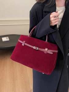 Retro burgundy frosted faux suede tote bag with top handle for autumn and winter style
