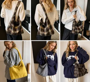 Collage van grote wollen draagtassen in diverse texturen en kleuren voor herfst en winter