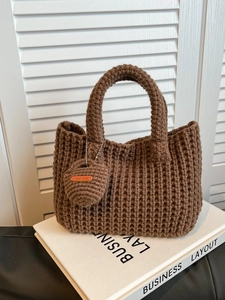 Women's Vintage Knitted Bucket Bag Handmade Waffle Texture Crochet Tote Handbag With Heart Charm Casual Winter Shoulder Bag