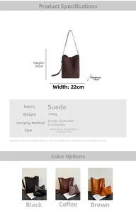 Detailed size chart and multi-color view of suede bucket bag with shoulder strap