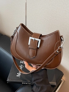 Women Minimalist PU Leather Underarm Bag Fashion Solid Color Metal Buckle Moon Shaped Hobo Crossbody Shoulder Bag For Daily Commute