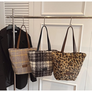 Chic autumn plush tote bags in plaid and leopard patterns with long leather handles