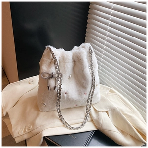 Sac à Bandoulière en Peluche Fausse Fourrure pour Femme Avec Nœud en Strass et Künstliche Perles Chaîne en Métal Mode Automne Hiver