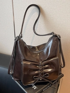 Vintage Women Shiny PU Leather Backpack Large Capacity Bow Pleated Commute Travel Tote Shoulder Bag Contrast Stitching