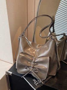 Brown high-end pleated patent leather hobo shoulder bag with large bow detail