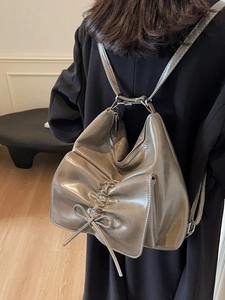 Chic olive green glossy faux leather backpack with bow-knot pleats for daily commuting
