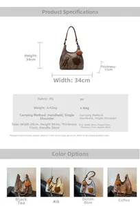 Size chart showing 34x34x11cm dimensions and PU fabric details for the tote shoulder bag