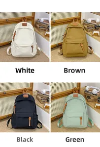 Four minimalist student backpacks shown in white, brown, black, and mint green colors