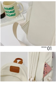 Detail view of the hidden side zipper pocket and beige backpack shoulder straps