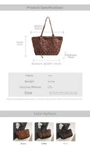 Tableau des tailles et options de couleurs pour grand sac cabas léopard en daim
