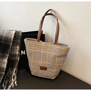 Fashion Autumn Women Leopard Print Faux Fur Tote Bag Vintage Checkered Plush Shoulder Bag Large Capacity Top Handle Bag