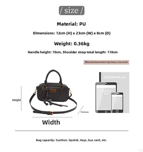 Size chart showing PU leather pillow bag dimensions and capacity with visual scale
