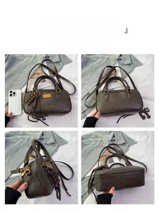 Detailed multi-angle views of a dark brown Boston bag with gold hardware and charms