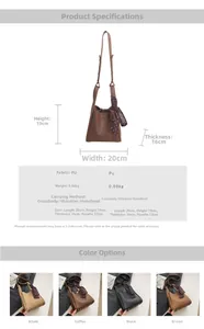 Detailed size chart and multi-color view of stylish PU leather bucket bag with polka dot scarf