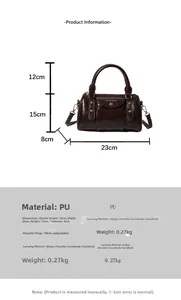 Detailed size chart for the brown PU leather pillow bag with dimensions and strap info