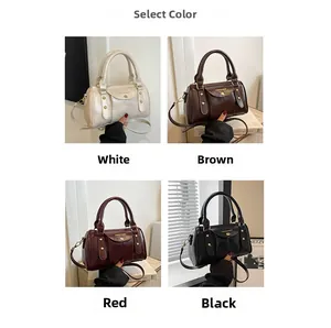 Detailed four-color collage of leather pillow bags with gold rivets and top handles