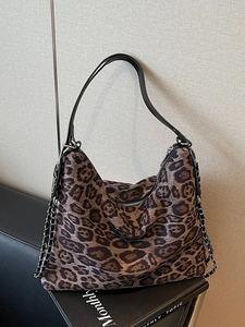 Large leopard print tote bag with black leather handle and chain strap for women