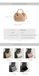 Tableau détaillé montrant les dimensions du sac peluche et cinq coloris disponibles
