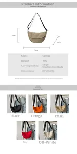 Canvas crescent bag dimensions and color options featuring mountain line embroidery