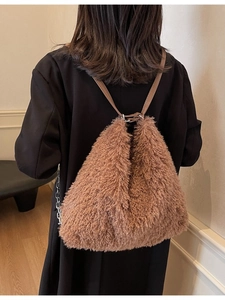 Women Autumn Winter Plush Backpack Large Capacity Soft Faux Fur Shoulder Bag Faux Leather Strap Handbag For Casual Daily Use