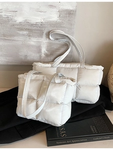 White quilted puffer tote bag set with glossy waterproof fabric and padded shoulder straps